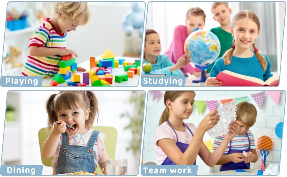 Kids Table and 6 Chairs Set, Height Adjustable Toddler Table and 6 Chair Set for Ages 2-10 for for Crafts and Study, Graffiti Desktop, Non-Slip Legs, Children Activity Table for Daycare, Classroom