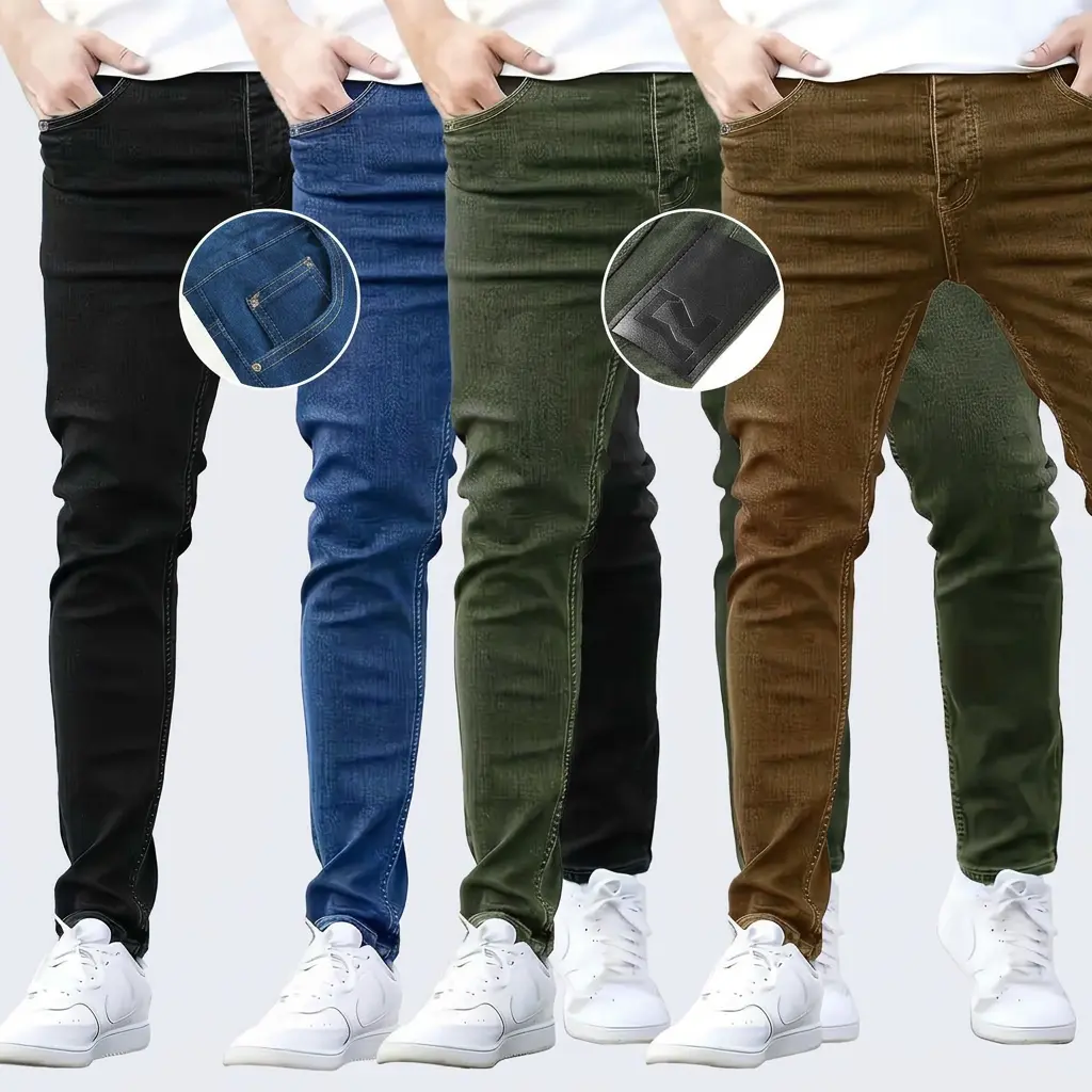 Men’s Classic Slim-Fitting Solid Denim 4-Pack Jeans - Cotton-Polyester-Elastane Blend, All-Seasons Casual Minimalist Streetwear Bottoms, Versatile Colors Menswear Pants, Plain