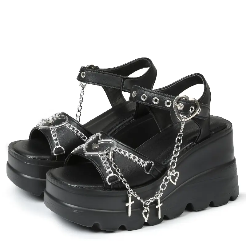 Gothic Platform Wedge Sandals For Women Heart Chain Cross Charm Strappy Sandals Black Punk Goth Open Toe High Heel Shoes Emo Alt Harajuku Footwear Daily Party Streetwear
