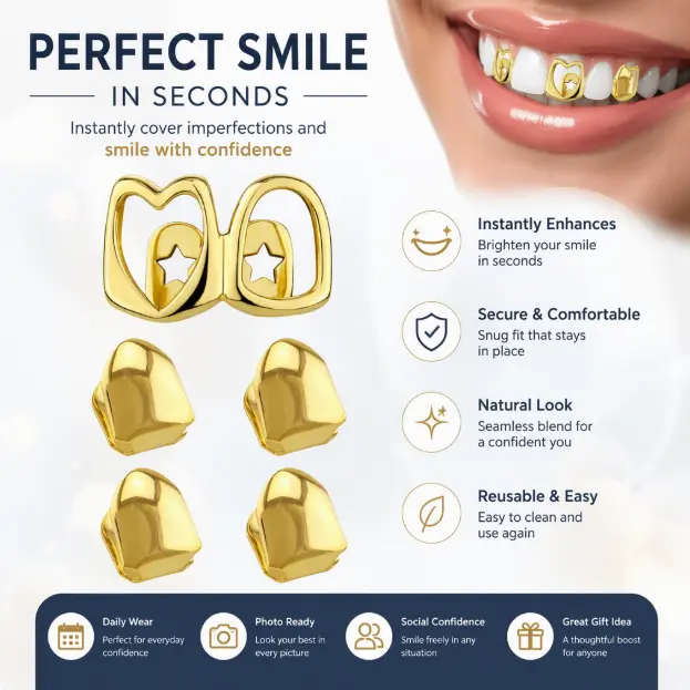 Shiny Hollow Heart & Star Gold Grillz Combo, Glossy Removable Hip Hop Teeth Grills, Fashion Punk Tooth Caps, Ideal Dental Jewelry for Christmas Gathering, Club Outfit, Rapper Performance Gift Oral