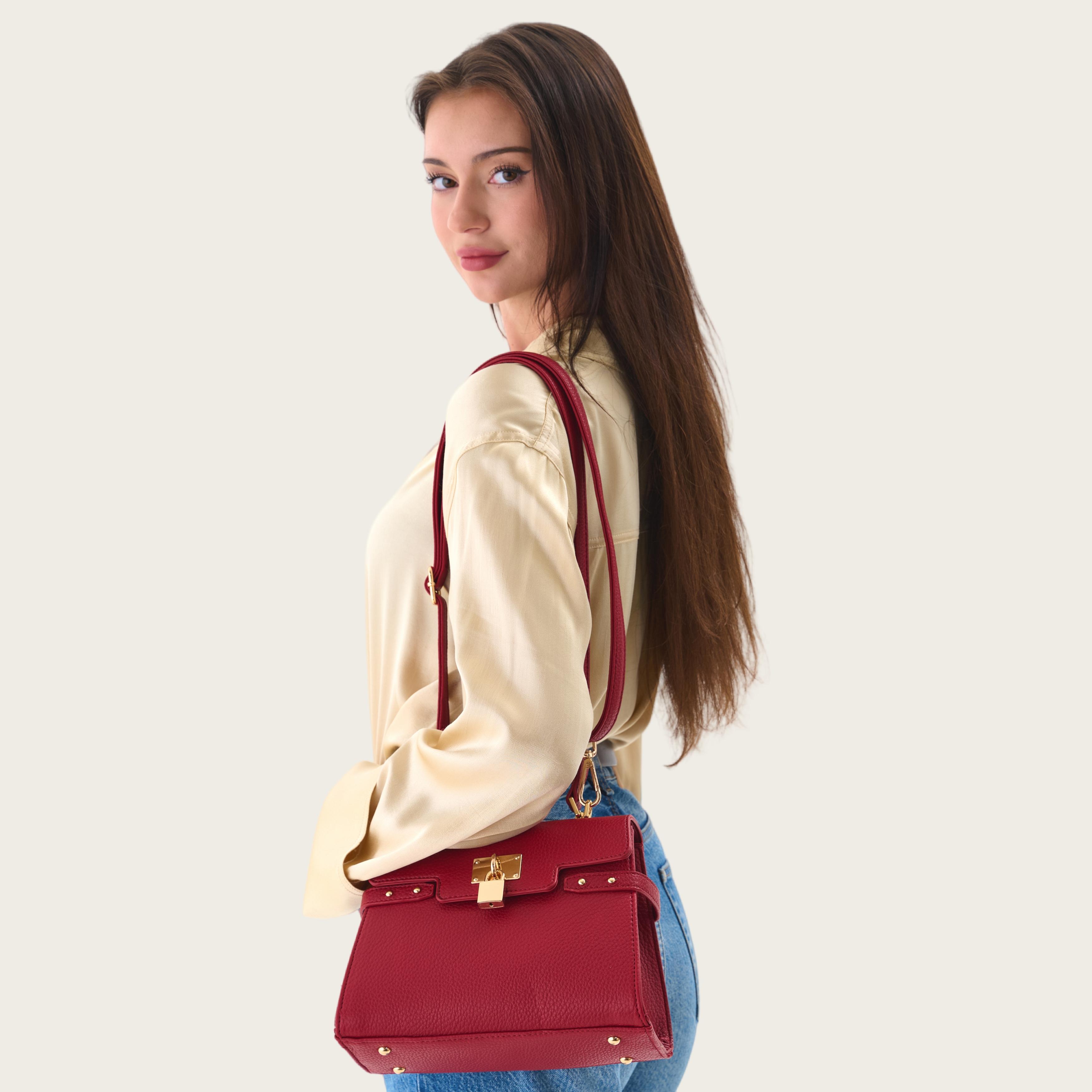 Women’s Multi-Color Elegant Textured Zipper Shoulder Bag – Structured Vegan Leather Top Handle Purse with Gold Lock Closure, Adjustable Strap, and Spacious Capacity for Everyday Use