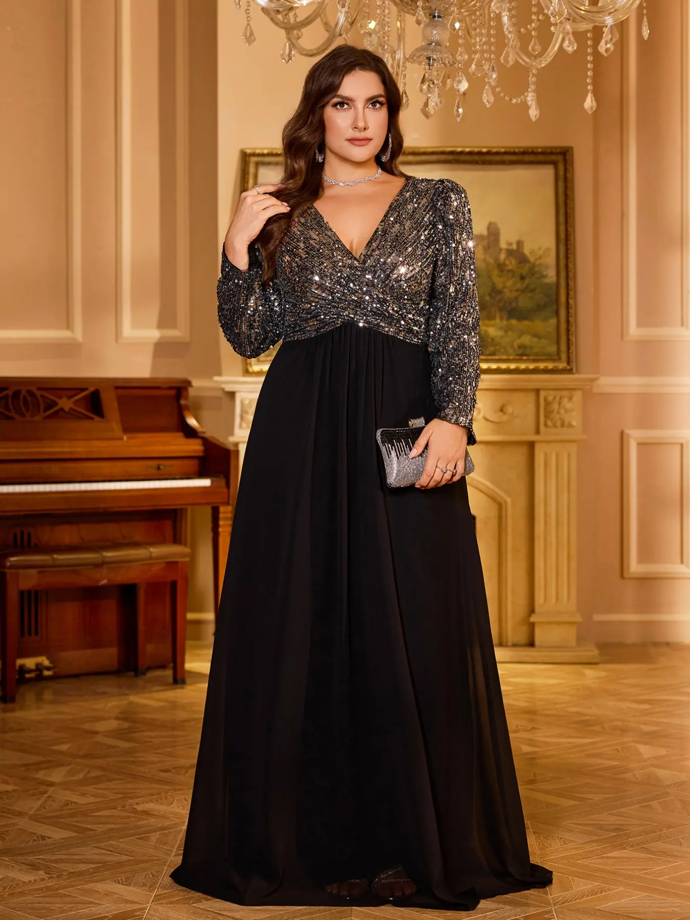 Plus Size V Neck Princess Long Sleeve Ruched Cross Sequin Splice Chiffon Party Evening Gown Dress, Elegant Formal Wear Prom Dresses for Women
