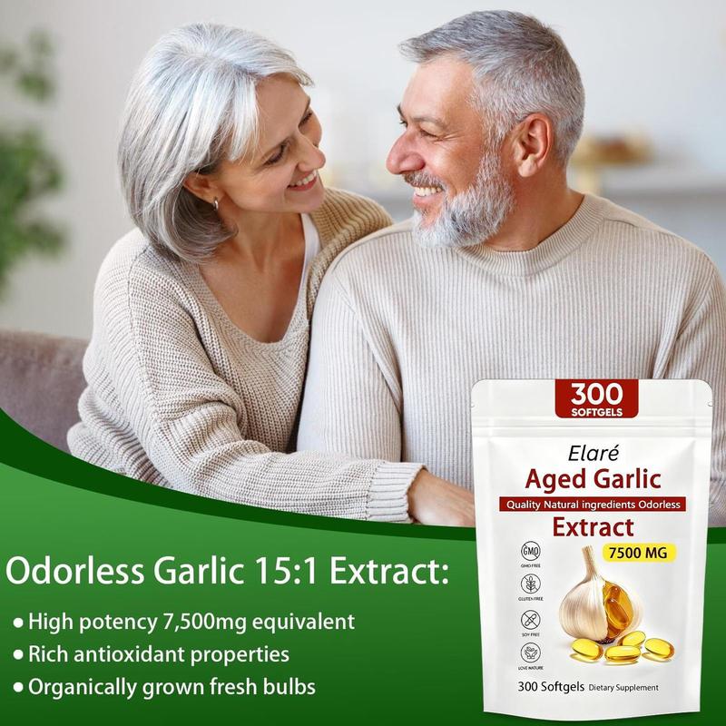 1 PACK Elare Aged Garlic Extract, 300 Softgels, 7500mg Odorless | Heart & Immune
