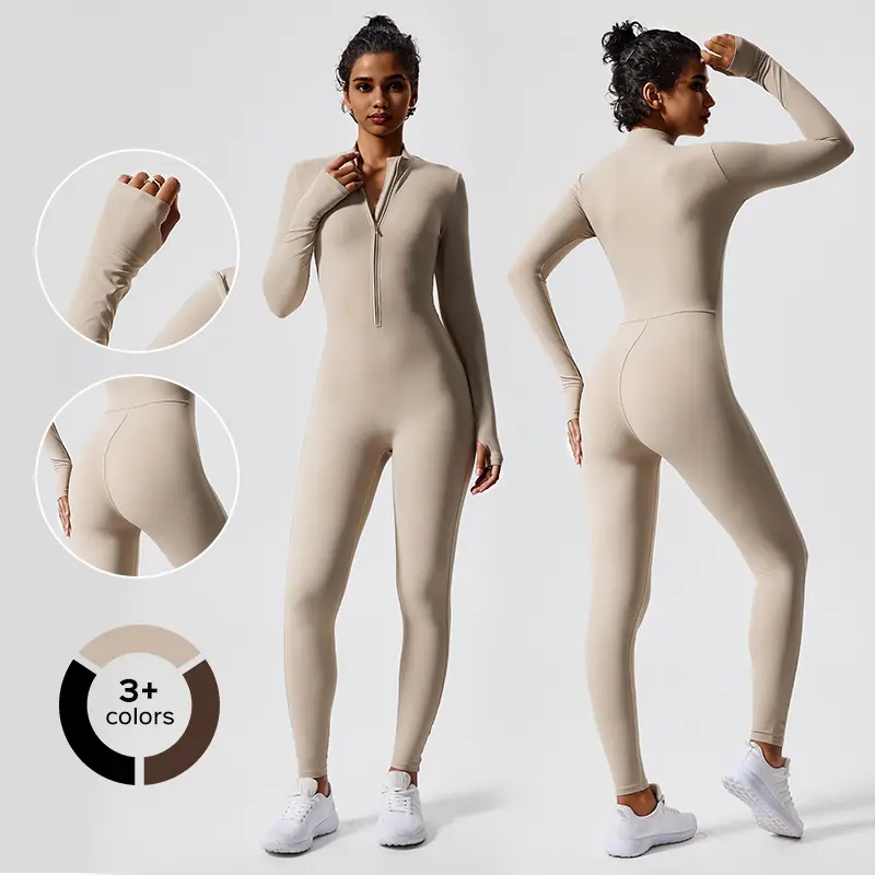 Women's Waisted SnatchedKnit Front Zip Jumpsuit Long Sleeve Fitness Jumpsuit Butt Lift Yoga Bodysuit with Thumbholes for Easy Wear
