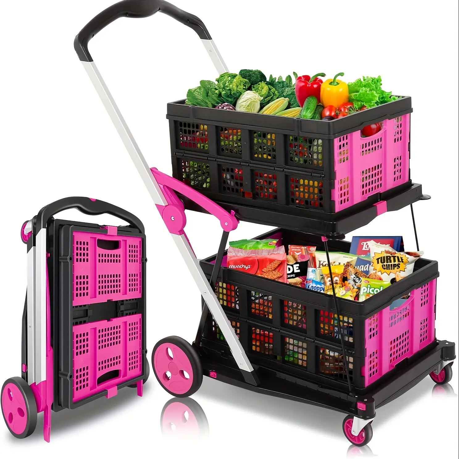 Collapsible Shopping Cart - 2-Tier Multi-Use Functional Portable Folding Food Cart with Wheels & Removable Basket Carries,2 baskets included, Adjustable Foldable rolling trolley for home, grocery, supermarket. Lightweight, BlackFriday