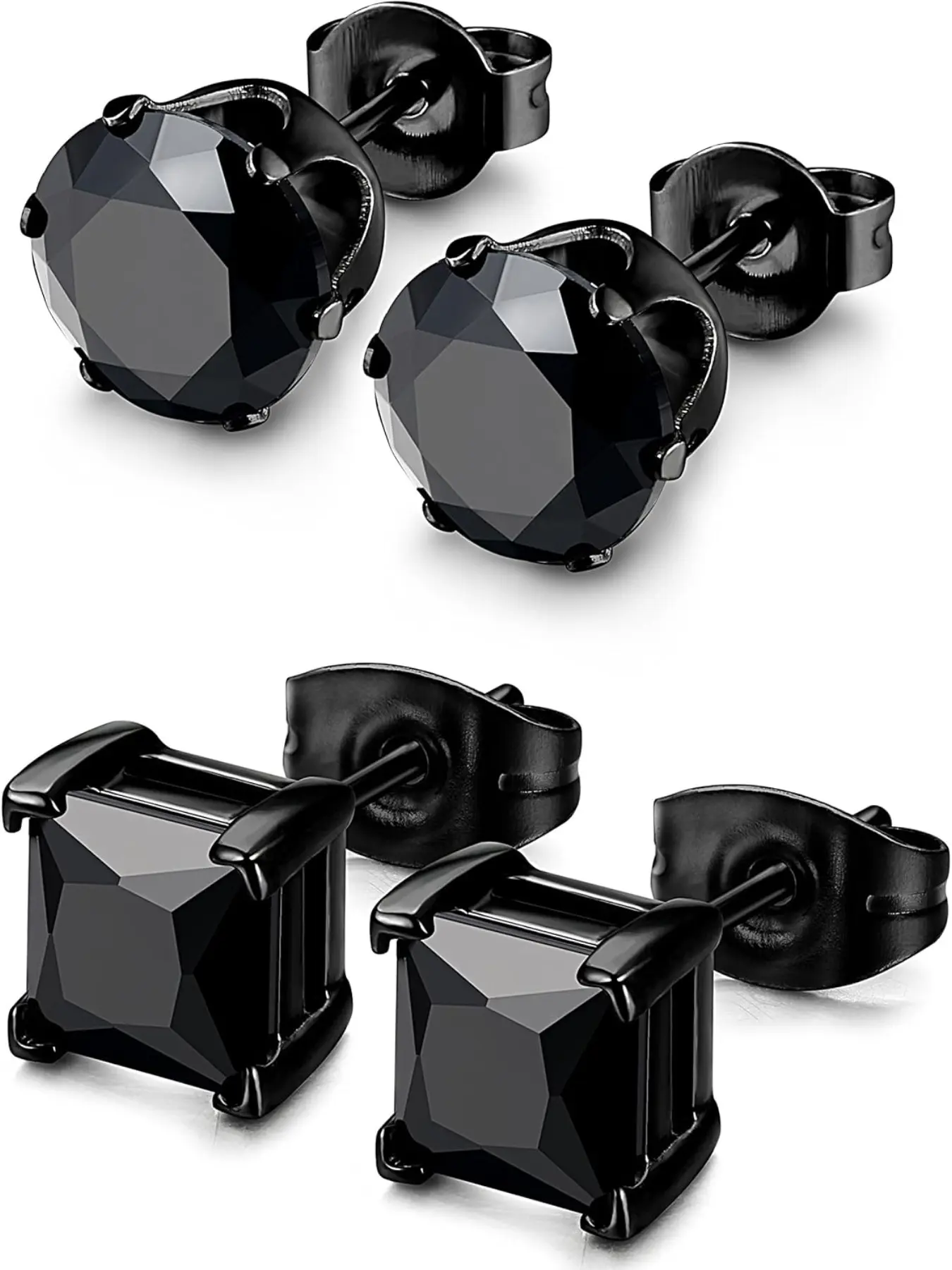 2 Pairs Hypoallergenic CZ Black Stud Earrings for Men Women 316L Stainless Steel Square Round CZ Mens Earrings Studs Jewelry Set for Sensitive Ears 3-8MM Black Silver Earring Stacking Set
