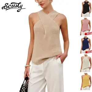 SCUSTY Women’s Crisscross Knit Sleeveless Ribbed Tank Top, High Stretch, Slim Fit, Casual