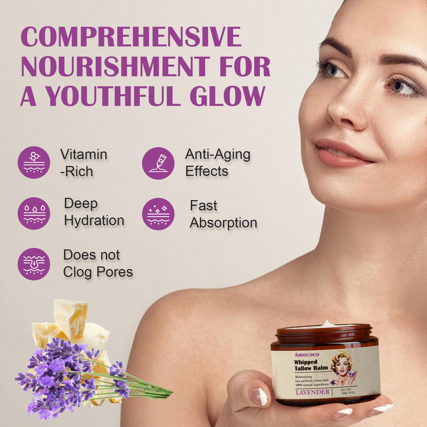 Tallow Cream 100% Natural Moisturizing Face and Body Cream That Soothes, Nourishes, Firms and Hydrates The Skin With Lavender and Vanilla Scents in Vintage Packaging.