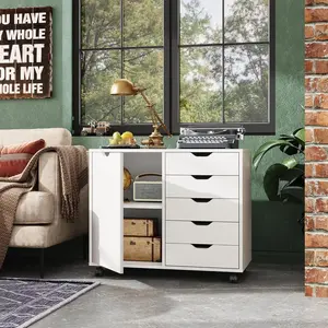 White Drawer Cabinet with Five Drawers & Shelf Rolling Office Storage for Documents Printers Eco-Friendly Durable Particle Board Easy to Move with Wheels