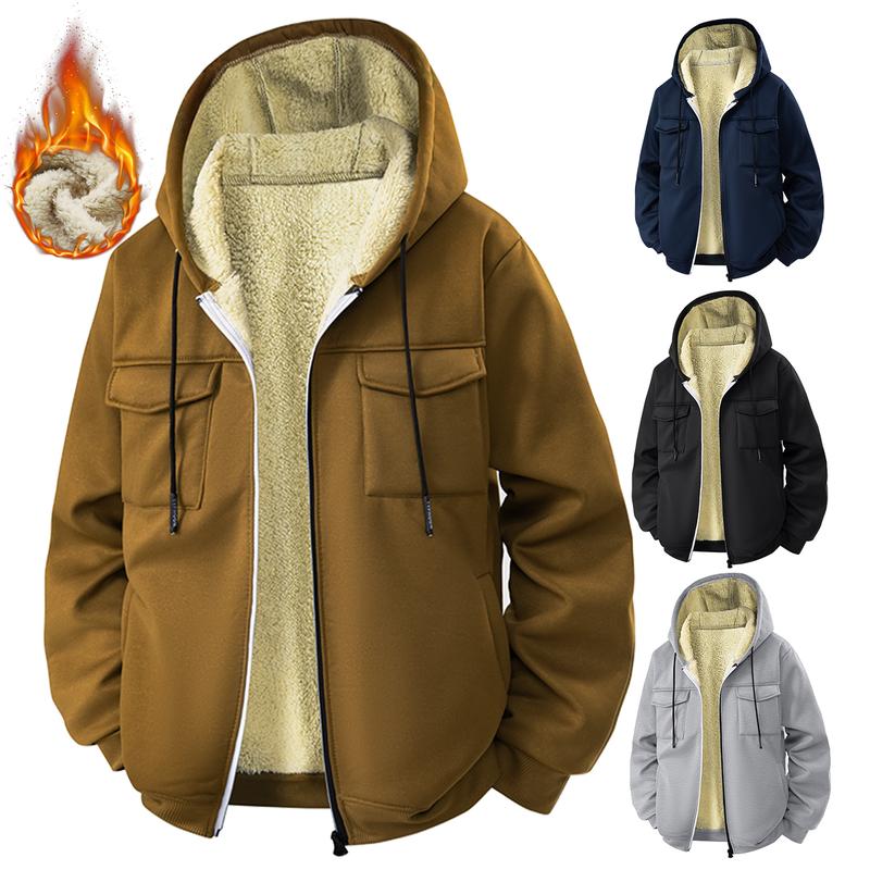 Men's Fleece Hooded Sweater with Warm Lining Multi-Pocket Zipper Closure for Autumn Winter Casual Wear