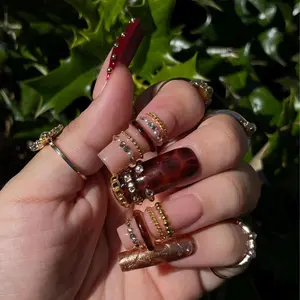 Stacked Warm Cocoa Press On Nails Nude Pink Base Tortoiseshell Brown Gold Foil Accents Crystal Stud Rings Layered Jewelry Style Handmade Luxury Nail Set