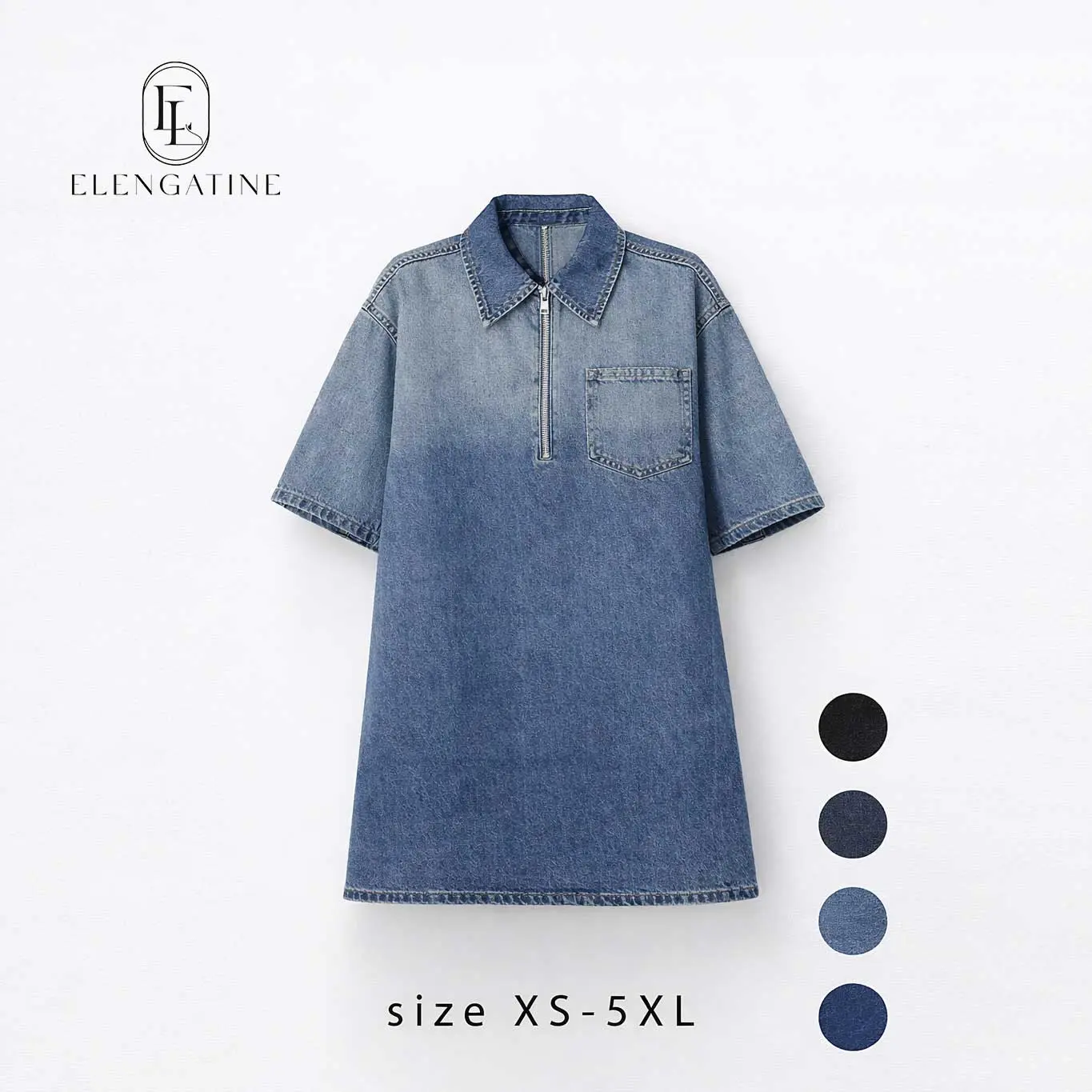 Elengatine Women's Denim Dress Half-Zip Collared Vintage Washed Blue Loose Fit Short Sleeve One Chest Pocket Trendy Casual Top for Daily Wear & Street Style Looks - Chic Spring, Summer & Autumn - Womenswear Suitable for all people, sizes XS - 5XL,summervi