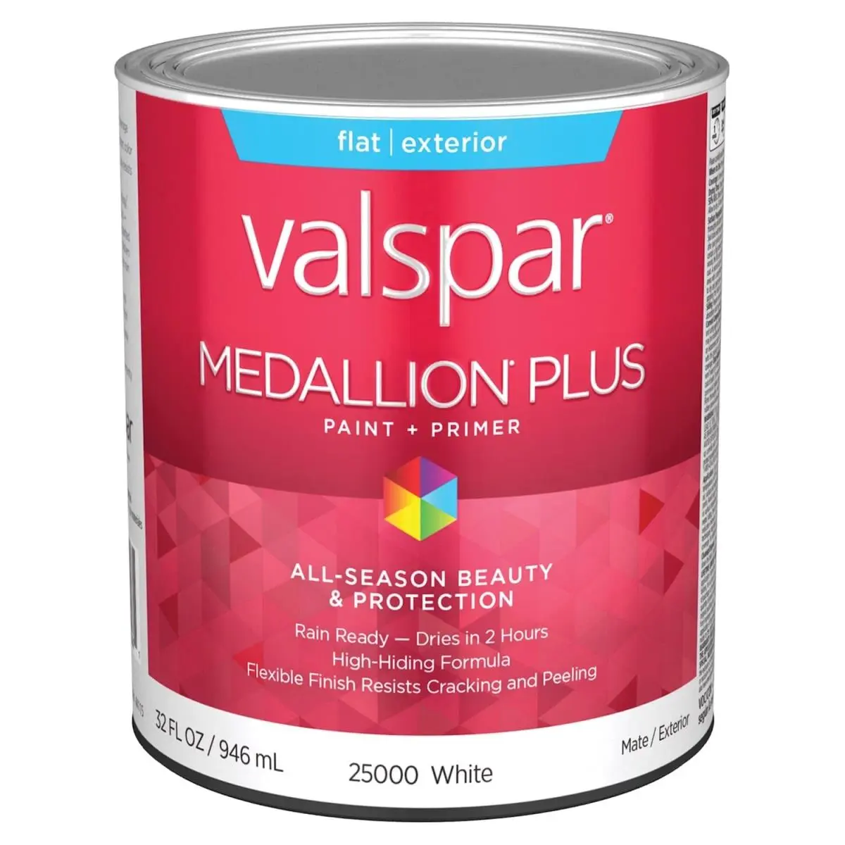 Valspar 1 qt Medallion Plus Acrylic Latex Exterior House Trim Paint & Primer - White, High Hiding Power, Washable, Easy Cleanup, Mildew-Resistant, Crack-Preventing, Peel-Preventing, 2-Hour Rain Ready Finish