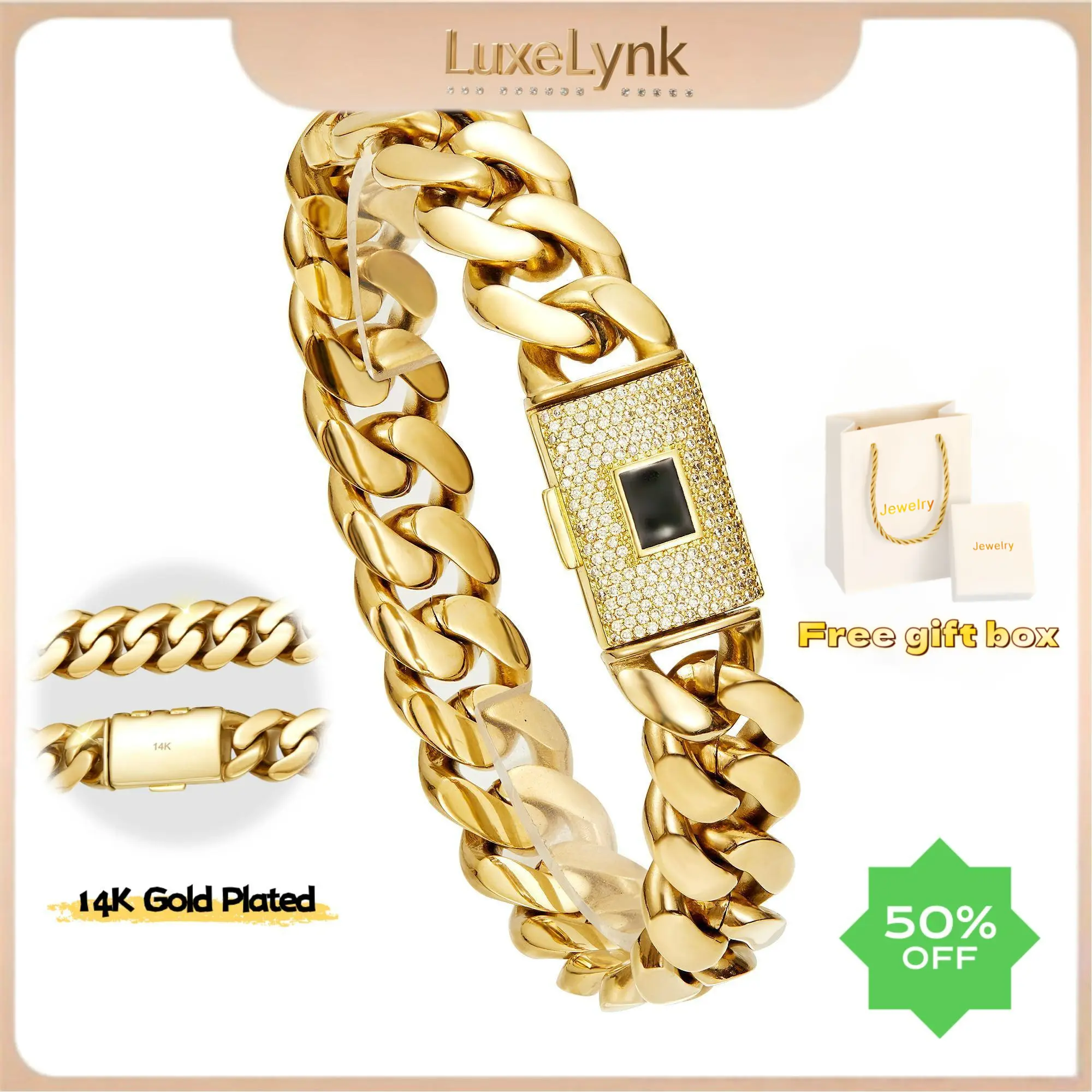 14K gold-plated Cuban Miami style bracelet, electroplated with waterproof and rust-proof technology. The best gift for your family, suitable for leisure, business, entertainment and other occasions. 14mm, 7.5/8.5inch available