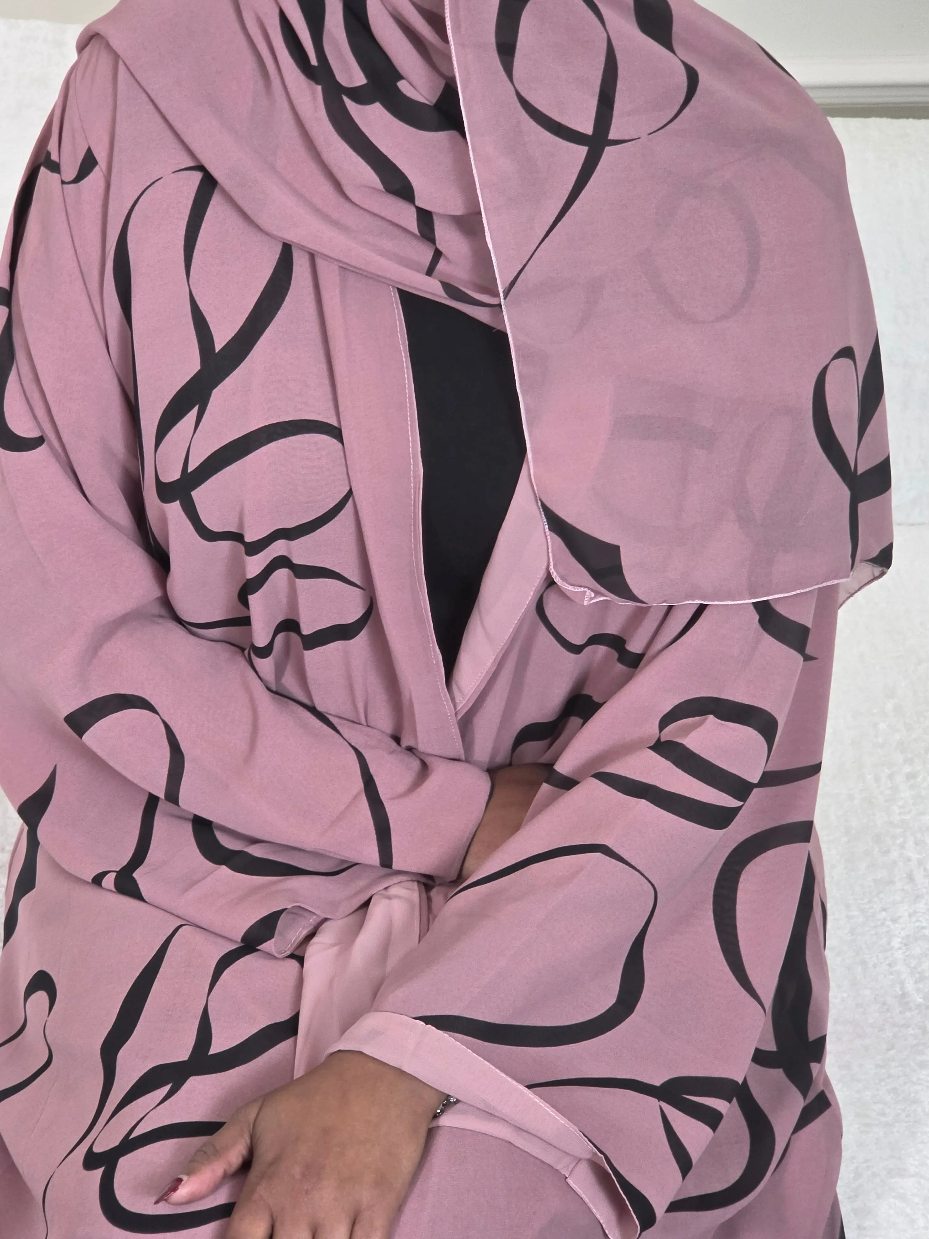 Antique Rose Stripe Double Chiffon Open Abaya Set