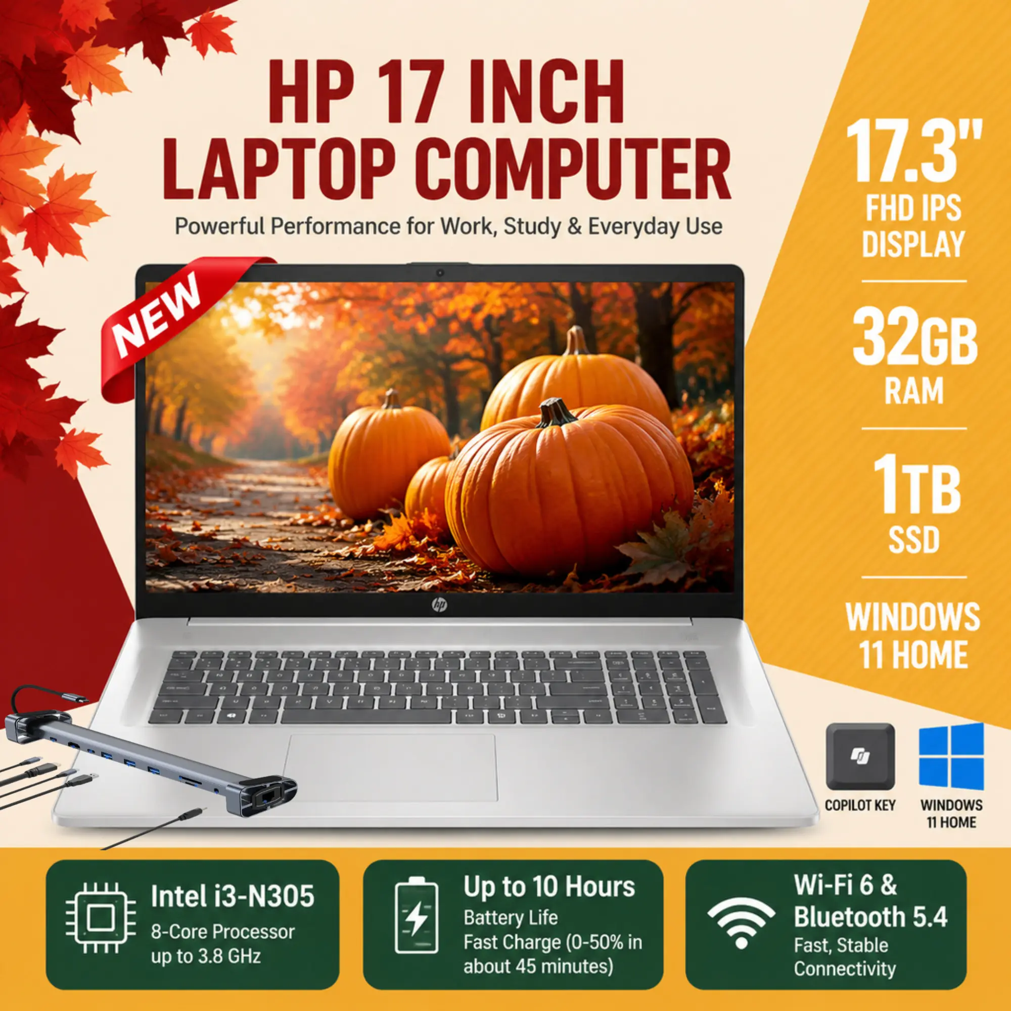 HP 17.3" FHD IPS Screen Full HD Laptop, 8-Core Intel i3-N305, Up to 32GB RAM, 1TB SSD, Windows 11 Home, Fast Charge, WiFi 6, Bluetooth 5.4, HD Webcam, Built-in Li-ion, D1523, Bundle Accessories Included, for Students & Business
