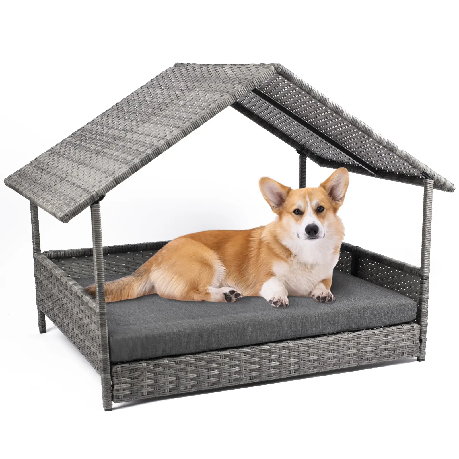 Outdoor Rattan Raised Dog Bed with Shade Canopy & 2.2" Thick Foam Cushion, Elevated Pet House for Backyard Patio, Hand-Woven Weatherproof Wicker Crate for Medium Large Dogs Cats, Indoor & Outdoor Use ,Summerwins 