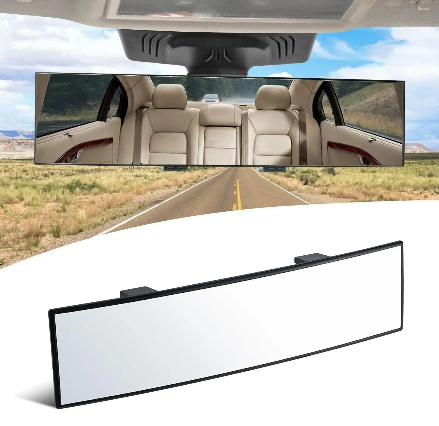 Wide panoramic clip-on rearview mirror installed in a car