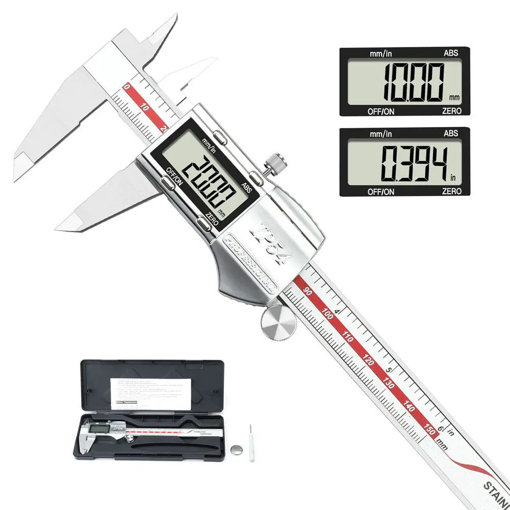 Digital Vernier Calipers Measuring Tool - All Stainless Steel, 0-6 inch Range, IP54 Waterproof, Wear-Resistant, Rustproof, LED Display, 0.01 mm Precision, Inch/mm Switch, High-Precision Sensor, 1-Click Reset, Data Retention, for Home & Industrial Use, Diy