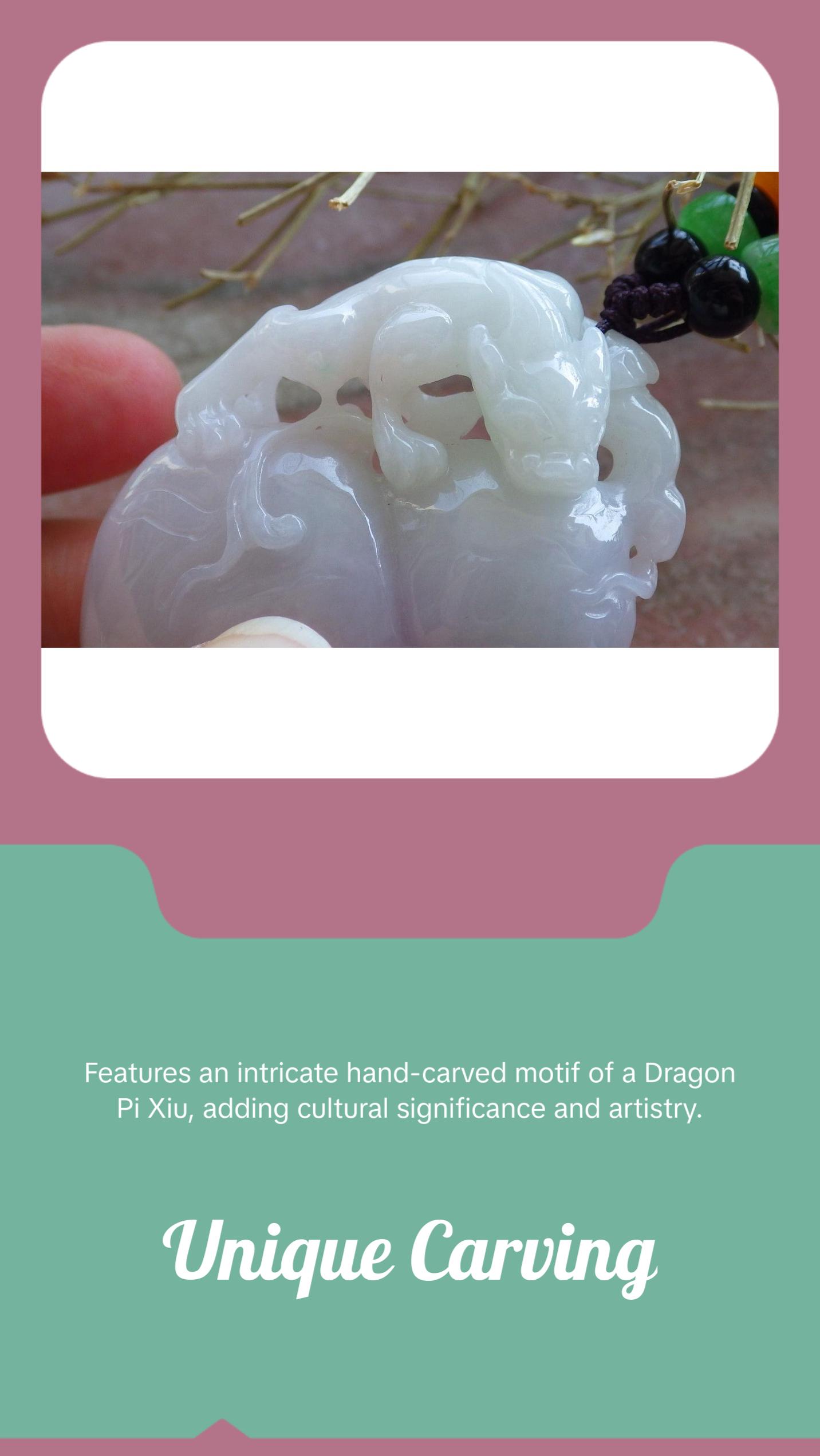 Certified Hand Carved Natural Lavender Green Burma A Jade jadeite Dragon Pi Xiu Gourd Pendant Necklace