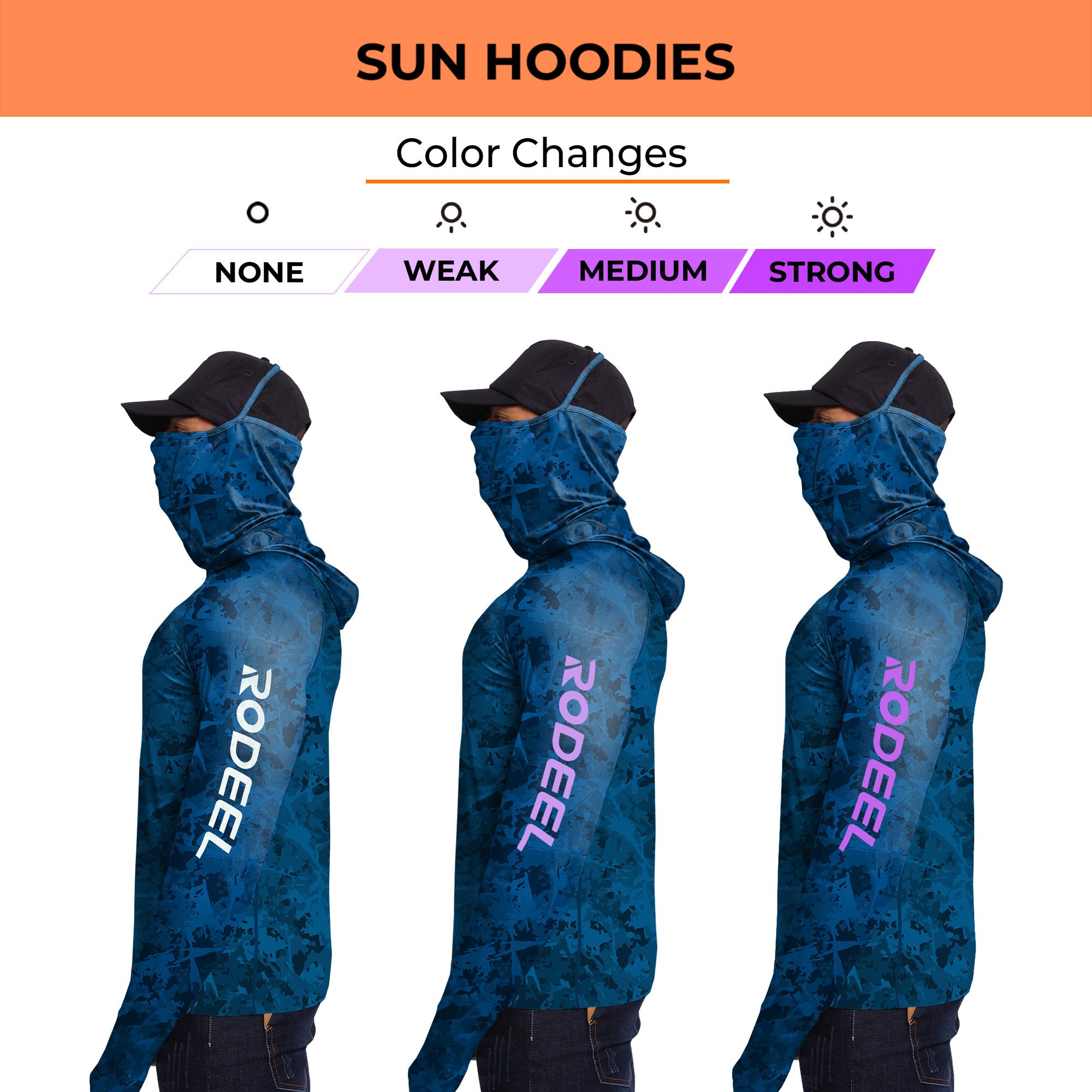【RODEEL】934 Sun Hoodie Shirts w/ UV Detection Logo Mask Neck Gaiter Thumbhole Men UPF 100+ Sun Protection Long Sleeve Lightweight Quick Dry Moisture Wicking Breathable Cooling Athletic Activewear for Outdoor Sports Fishing Boating Construction Roofing