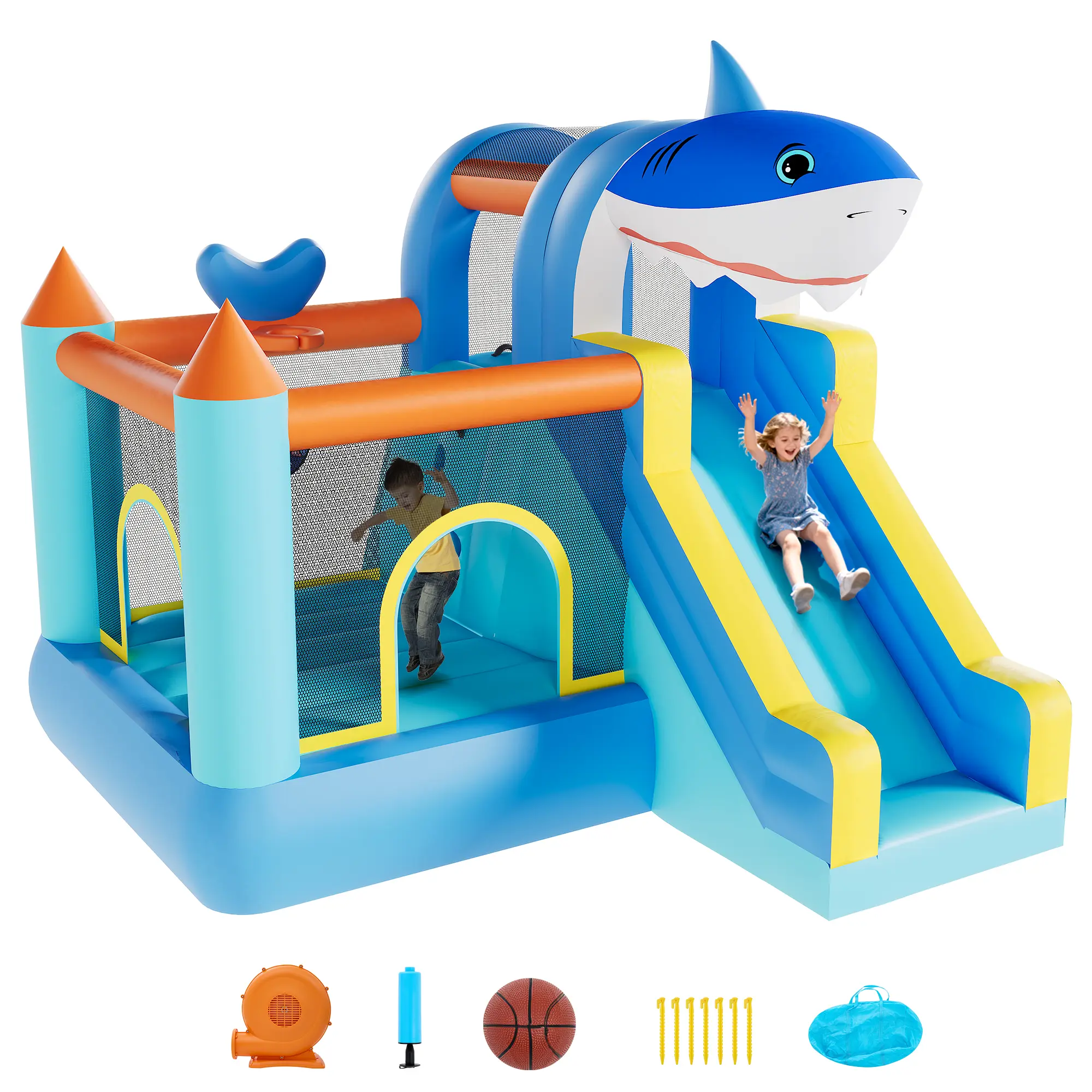 Kids Inflatable Bounce House - Oxford Fabric Inflatable Playground with Slide, Climbing Wall, Basketball Hoop, Air Blower | Multicolor Party-Ready Fun Toy for Outdoor Play
