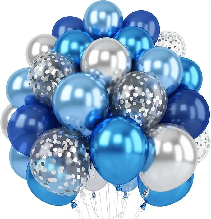 AsBalloon 60Pcs Silver Blue Latex Balloon Kit Matte Navy Metallic Blue Silver Confetti Balloons For Boy Birthday Graduation Wedding Baby Shower Backdrop Decor Thick Elastic Not Easy To Break SilverBlueBalloonSet PartyBalloonKit BoyBirthdayDecor