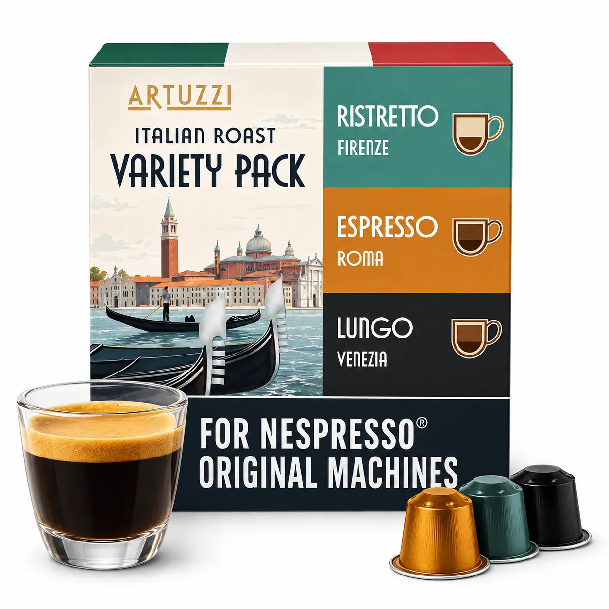 Artuzzi Coffee Pods for Nespresso Original Machines – Variety Pack (Ristretto / Espresso / Lungo) – Aluminum & Recyclable
