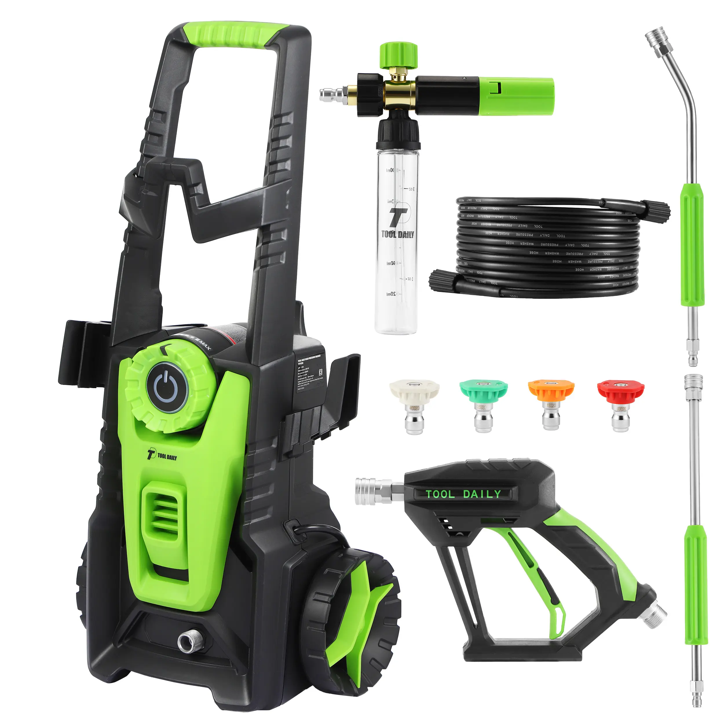 TOOL DAILY Durable Construction Electric Pressure Washer, 2500 PSI 1.76 GPM, 120V 60Hz, 32FT Hose & Original Foam Cannon Set for Cars, Motorcycles, Driveways (Supports 2000 PSI Use), Quick Connect, Dual-Roller System, Tackles Car And Bike Grime, Steel Fit