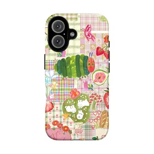 Cute Caterpillar and Fruit Collage Phone Case – Pastel Plaid Background with Strawberries, Flowers, Bread, and Whimsical Animals, Mixedcolor – suitable for Samsung S25 5G iPhone 17 ProMax Air 16 plus cases  15 pro max , 13 Smartphone Protector Protection