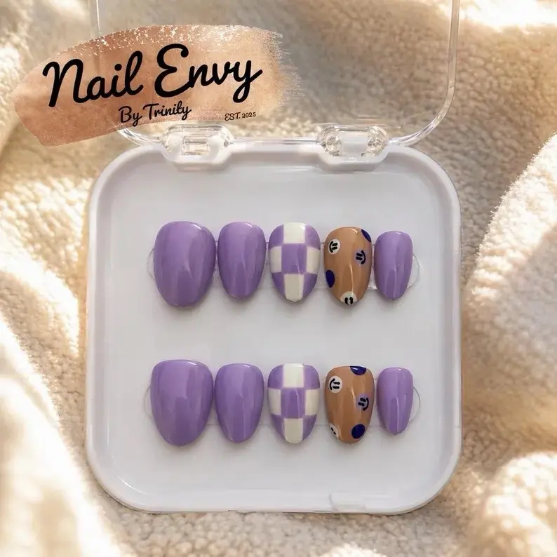 Handmade Lavender Press On Nails | Checkerboard & Smile Face Design