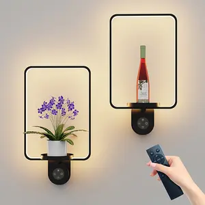 Wall Plant Holder, Plant Shelf & Wall Sconces Combo, Indoor Plants Holders with Touch Remote Wall Lamp, 8000 mAh Rechargeable Framed Plants Holder for Bedroom 2PK