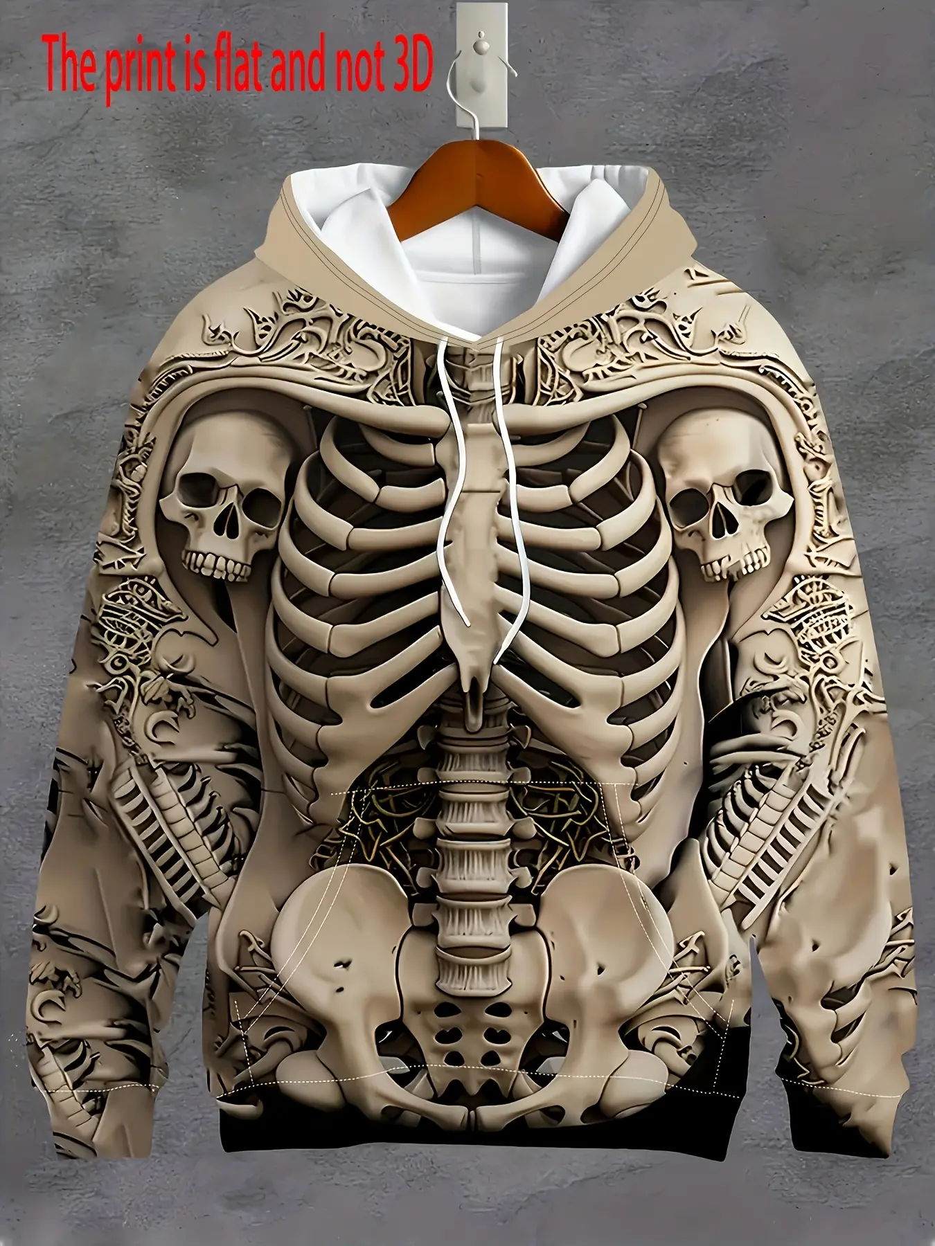 Khaki Skeleton Print Hoodie, Long Sleeves, Dark Street Style Cool Model, Streetwear, Sweatshirts, Casual Pullover Hoodie, Hooded Pullovers