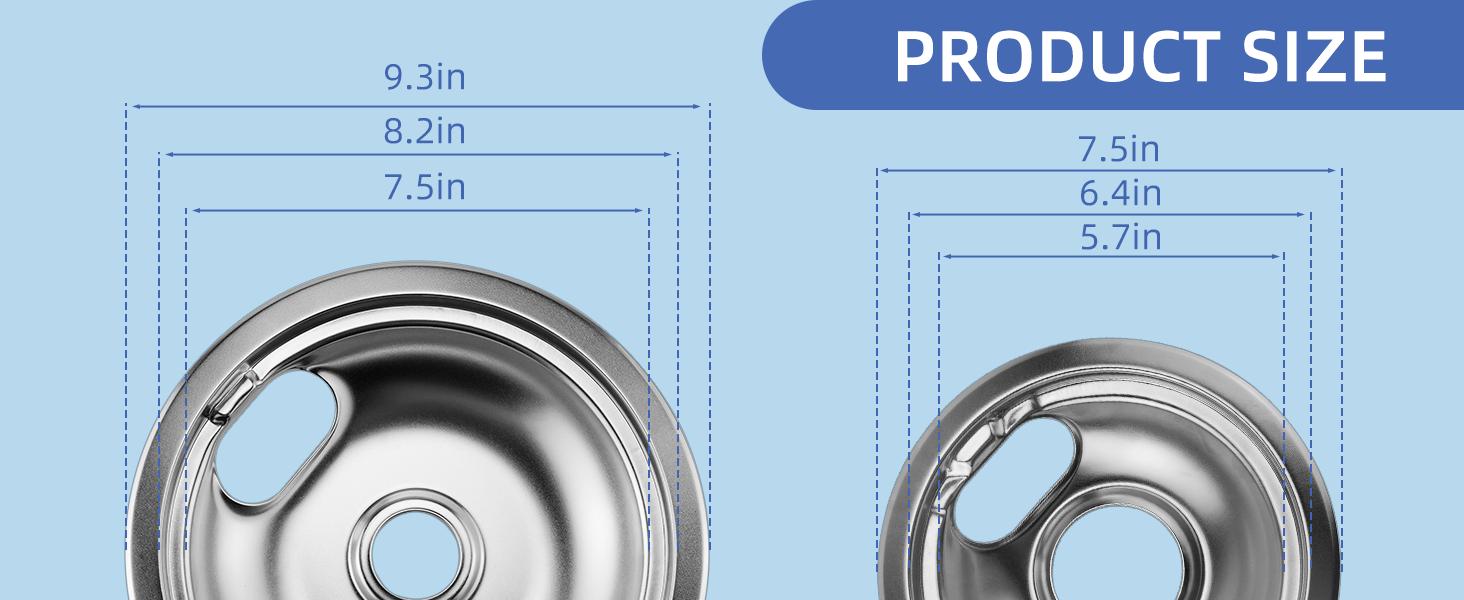 W10196406 and W10196405 Chrome Stove Burner Drip Pan Set for Whirlpool Amana Maytag Magic-Chef Kenmore Electric Range with Locking Slot, Includes 2 6-Inch and 2 8-Inch Drip Bowls