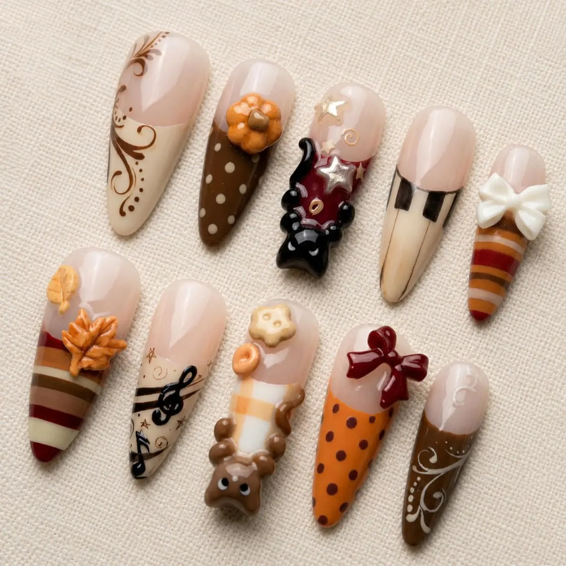 Kawaii Fall Press On Nails, 3D Cat Autumn Nail Set, Handmade Pumpkin Nails