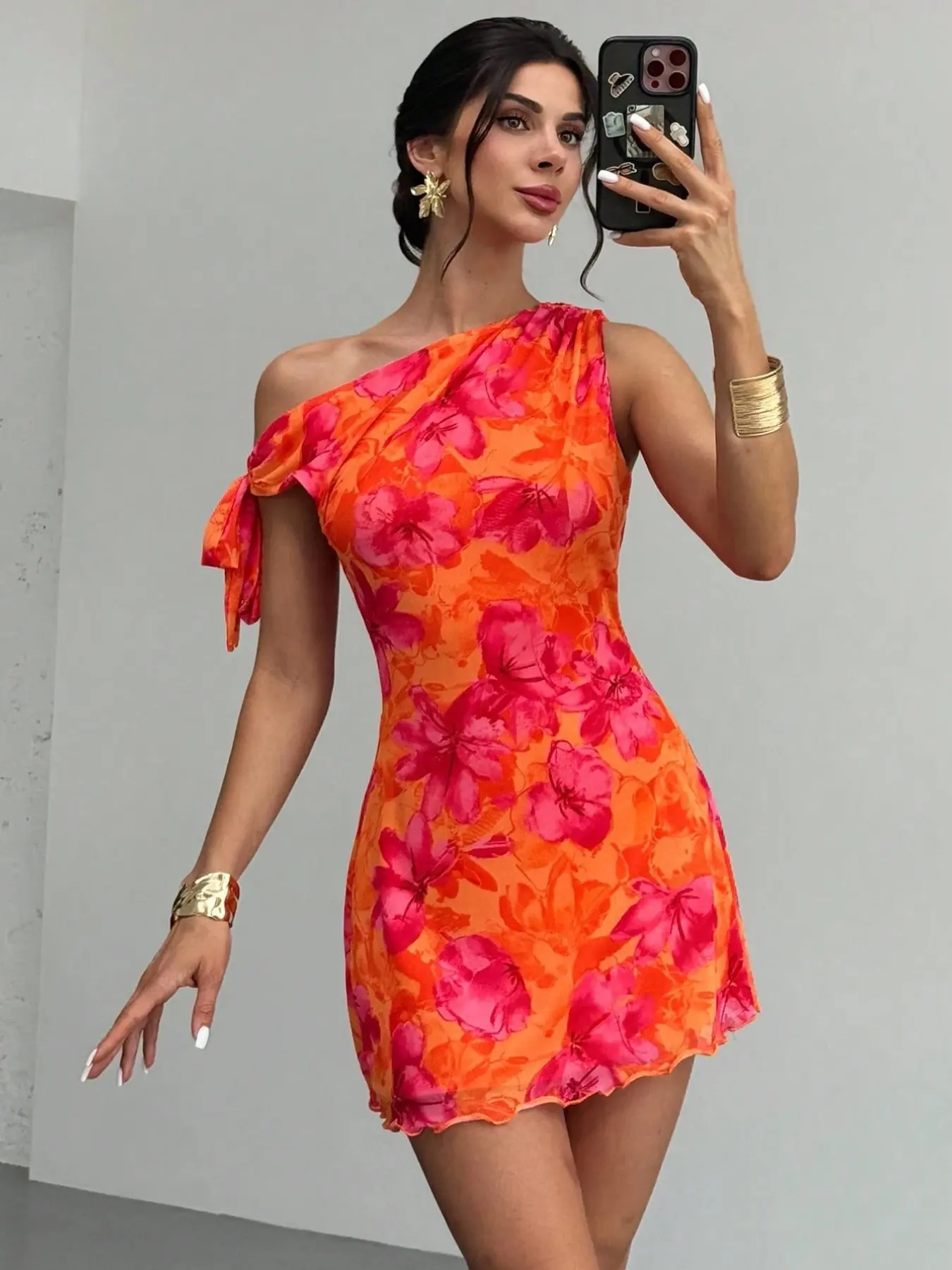 Women's Elegant Floral Printed One-Shoulder Mini Dress, Breathable Mesh Fabric Short Dress for Summer Beach, Party and Graduation Dance