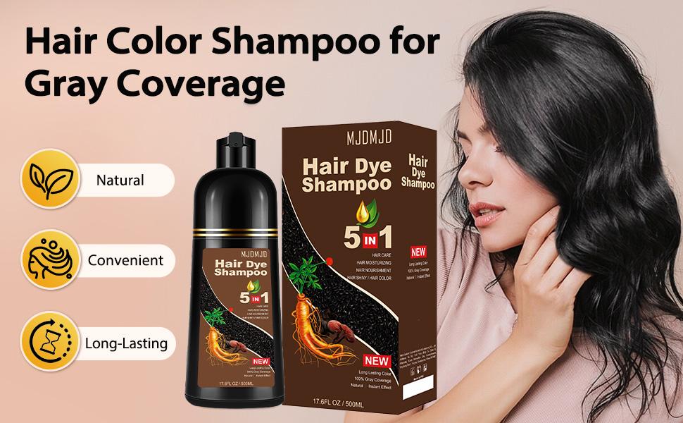 Black Hair Dye Shampoo 5-in-1, Natural Hair Coloring Shampoo with Ginseng Extract for Women & Men, Herbal Gray Hair Coverage, Long-Lasting black hairdye 500ml (Black)