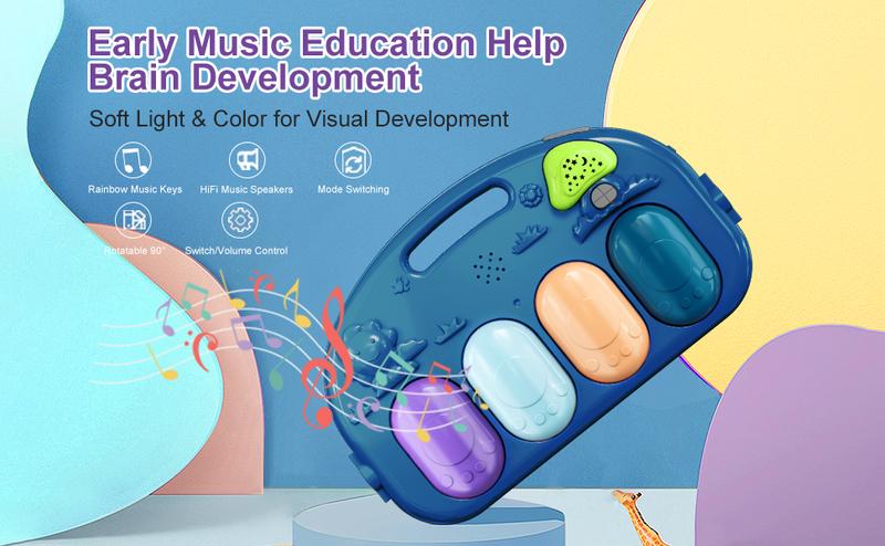 dearlomum Baby Play Mat Blue Giraffe Design with 5 Sensory Toys Music Lights for Newborns 0-36 Months Multifunctional Rubber Playmat Playpen Gift for Boys & Girls