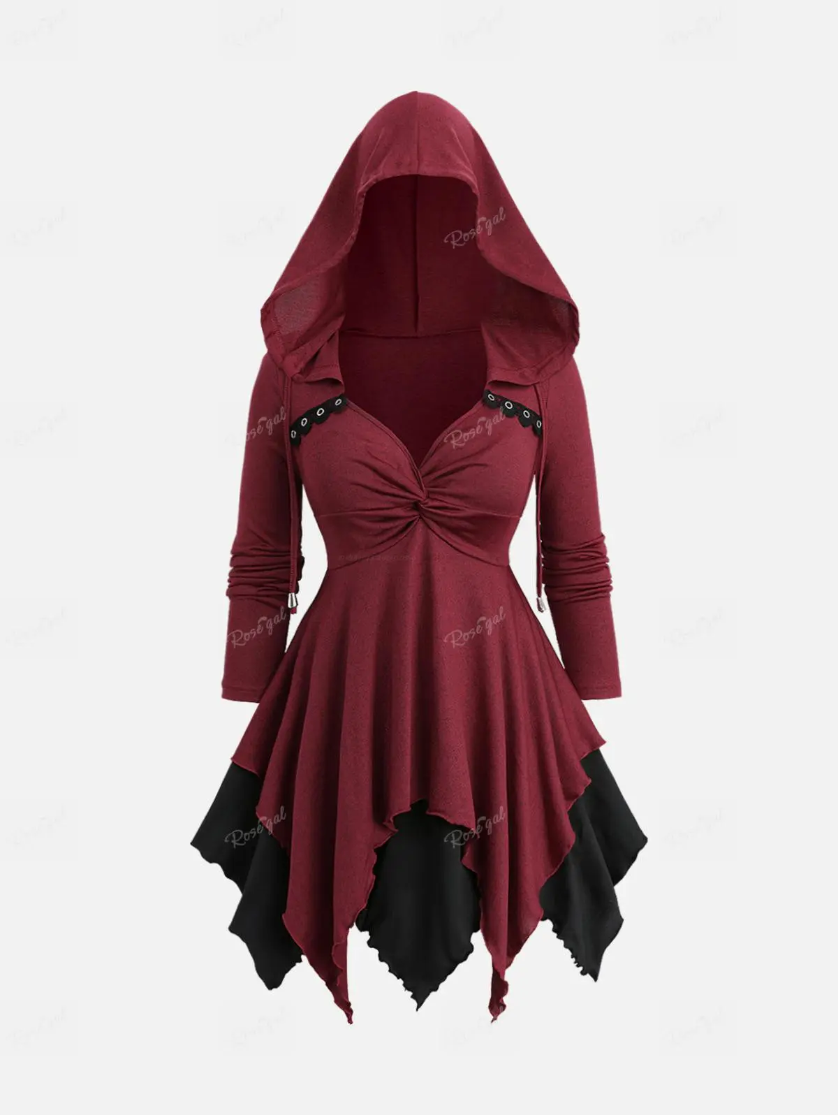 chinese dress ladies Gothic Hooded Top with Lace-Up Back and Lace Trim main image 0