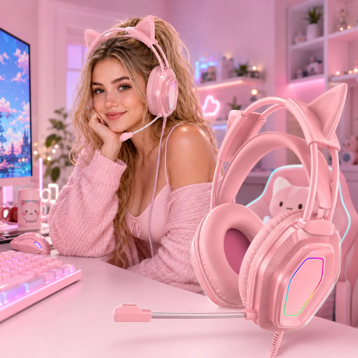 Cute Cat Ear Gaming Headset for Girls – Wired RGB Headphones with Mic, Soft Noise-Isolating Earmuffs, 7.1 Surround Sound, Compatible with PC & PS5/PS4, Lightweight Pink Gamer Headphones for Streaming, Gaming & Online Chat | Perfect Kawaii Setup Upgrade