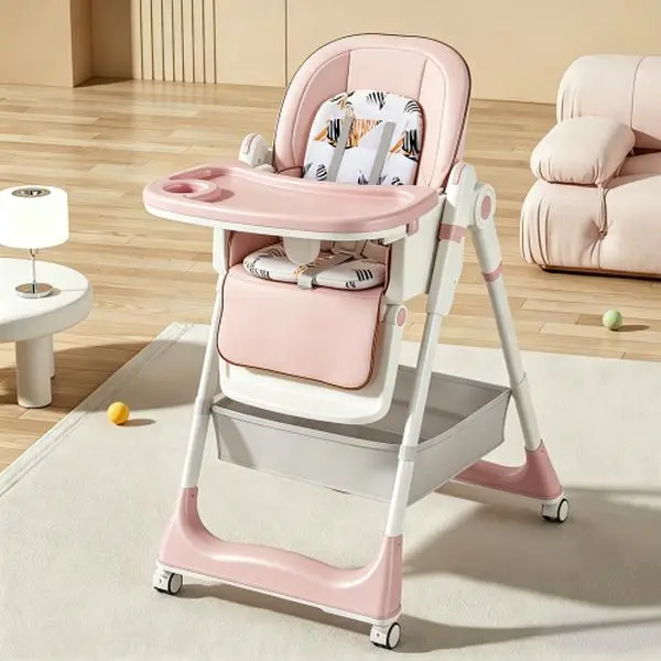 【Bellemave】Adjustable Baby High Chair 0-6 Years – Portable Infant Feeding Seat with Safety Belt, Silent Lockable Wheels & Easy-Clean Design for Home, Dining, Living Room, Bedroom (Pink)    RR