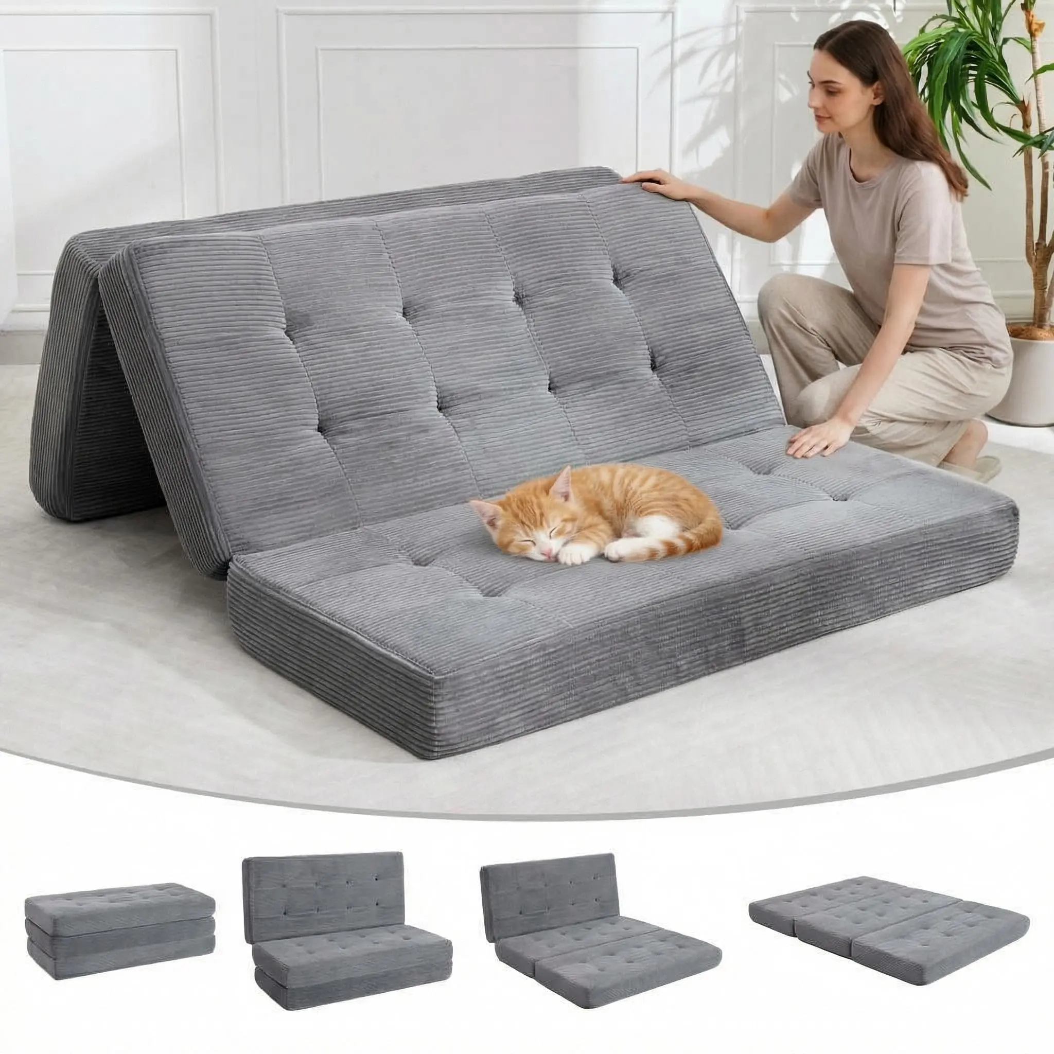 Garvee 6-Inch Tri-Fold Mattress with High-Density Foam Tufted Design Foldable Floor Sofa Bed Portable Guest Bed for Camping Dorm Living Room Soft Corduroy Fabric 75" x 39" Grey Black Green