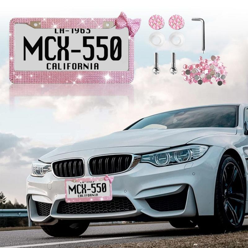 Upgrade Your Car's Look with a White Shiny Bow Tie License Plate Frame! Luxury Sparkling License Plate Frame - Black Frame with Red Bow Design, Crystal Rhinestones, Durable Shell, Easy Installation, Perfect Accessory for Women Drivers Unique customization