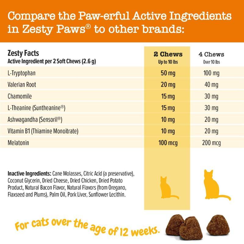 Zesty Paws Calming Bites for Cats, Cat Composure & Relaxation Chews, Relief Soft Chew Pet Treats for Everyday Stress Support - 60 Chews Supplements