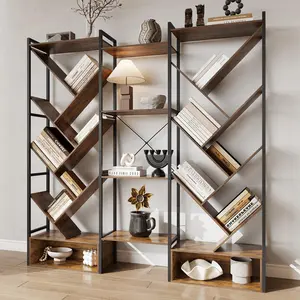 Garvee Triple 6 Tier Bookshelf, Large Bookcase Industrial Bookshelf with 24 Open Display Shelves, Industrial Tree Bookshelf, Wooden Tall Standing Bookshelf for Living Room Home, Office, Brown