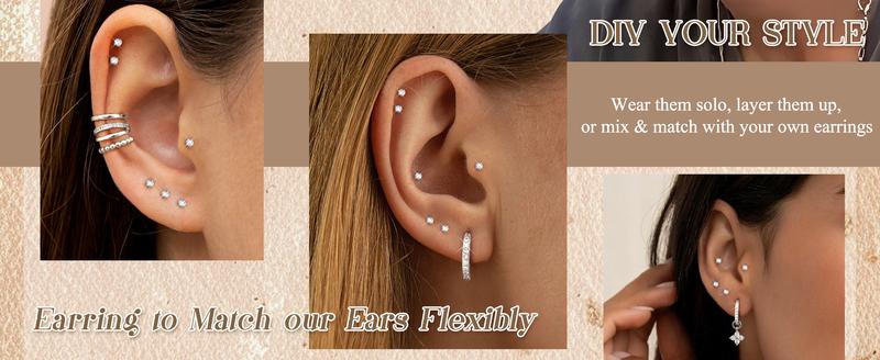 ORAZIO 6 Pairs Tiny 2mm Stainless Steel CZ Stud Earrings for Men & Women Cartilage Helix Tragus Piercing Set Secure Fit