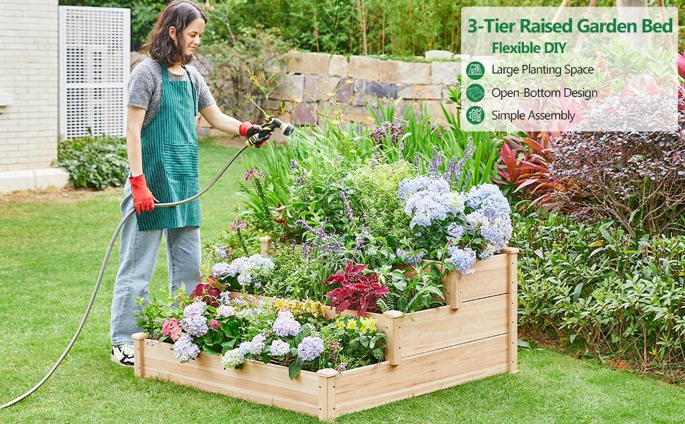 Yaheetech 3 Tier Wooden Raised Garden Bed, Horticulture Outdoor Elevated Flower Box, Vegetables Growing Planter for Backyard/Patio/Gardener