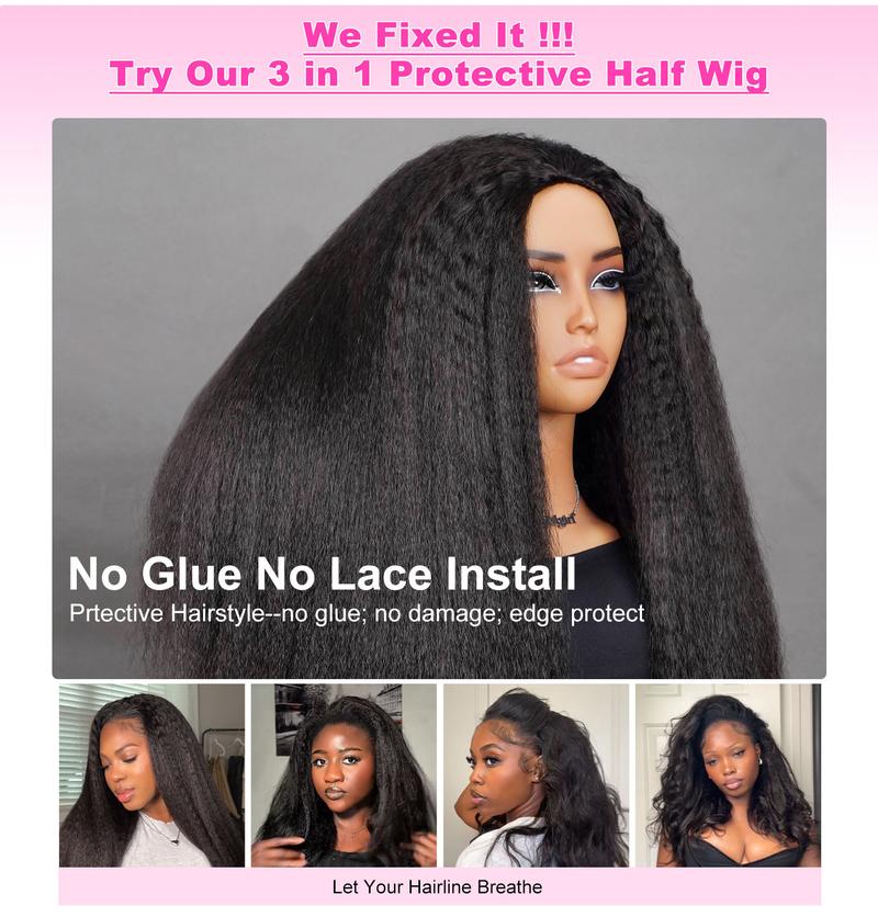 [Wear Go Half Wig] BGMgirl Invisible Hairline Afro Curly Kinky Straight Half Wig Glueless Human Hair Butterfly Yaki Layered Cut Wigs Water Wave Kinky Curly Seamless Flip Over Updo Down Style Hairpiece eve valentines day gift