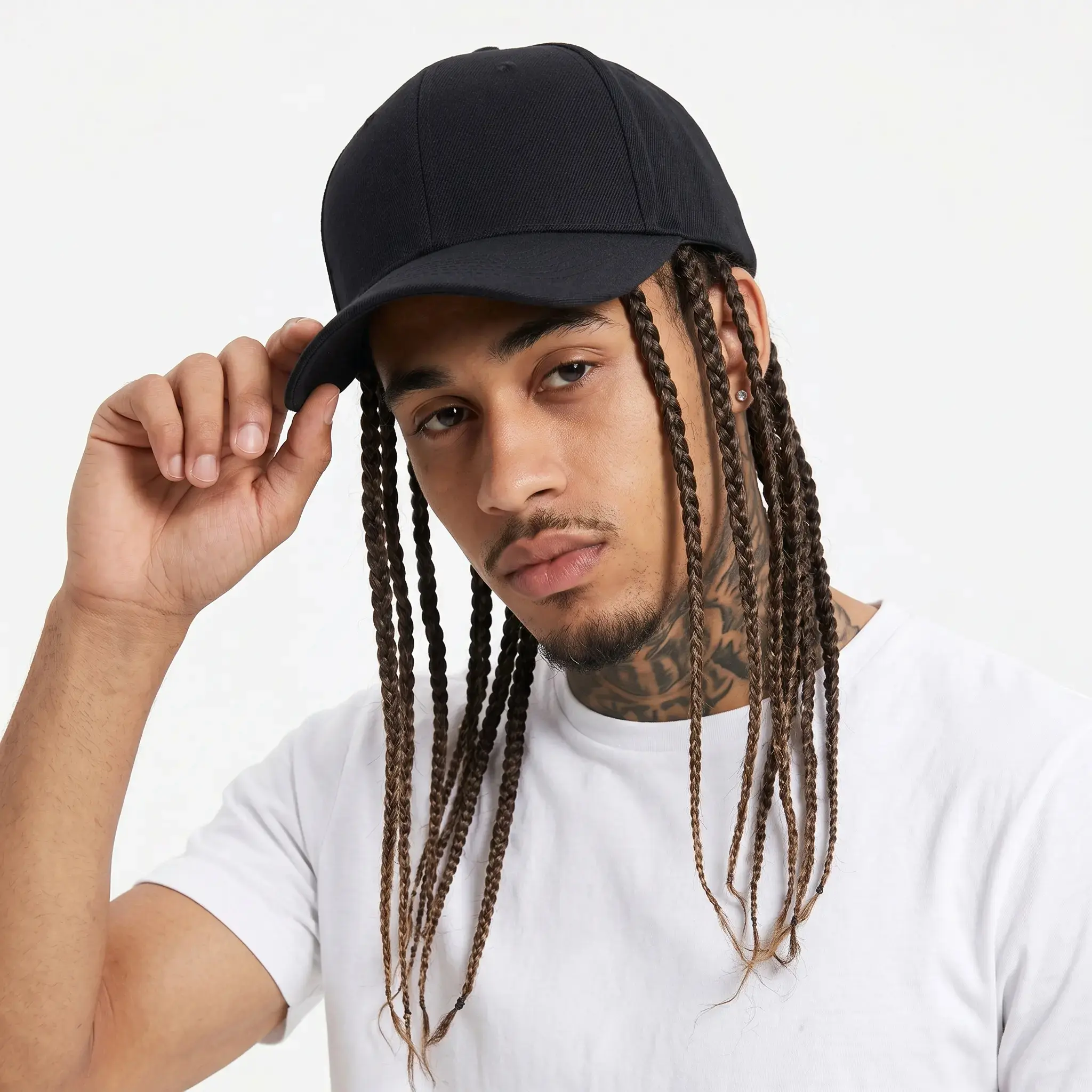 Unisex Hip-Hop Punk Wide-Brim Hat with Braided Dreadlock Wig, Adjustable Snapback, High-Temperature Fiber, 35.05cm Length, Black/Brown, Men's Accessories, Spring Autumn Motorcycle Sun Hat, Hats
