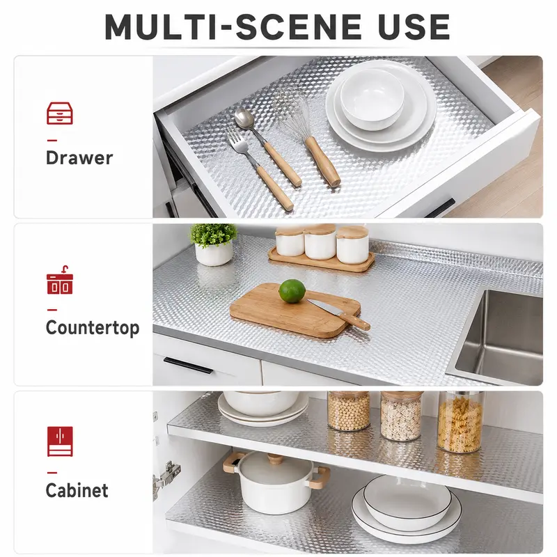 Self-Adhesive Aluminum Foil Kitchen Backsplash Wallpaper, 15.7 x 118 Inch Oil-Proof Waterproof Peel and Stick Countertop Cabinet Drawer Liner, Heat Resistant Easy Clean Silver Contact Paper
